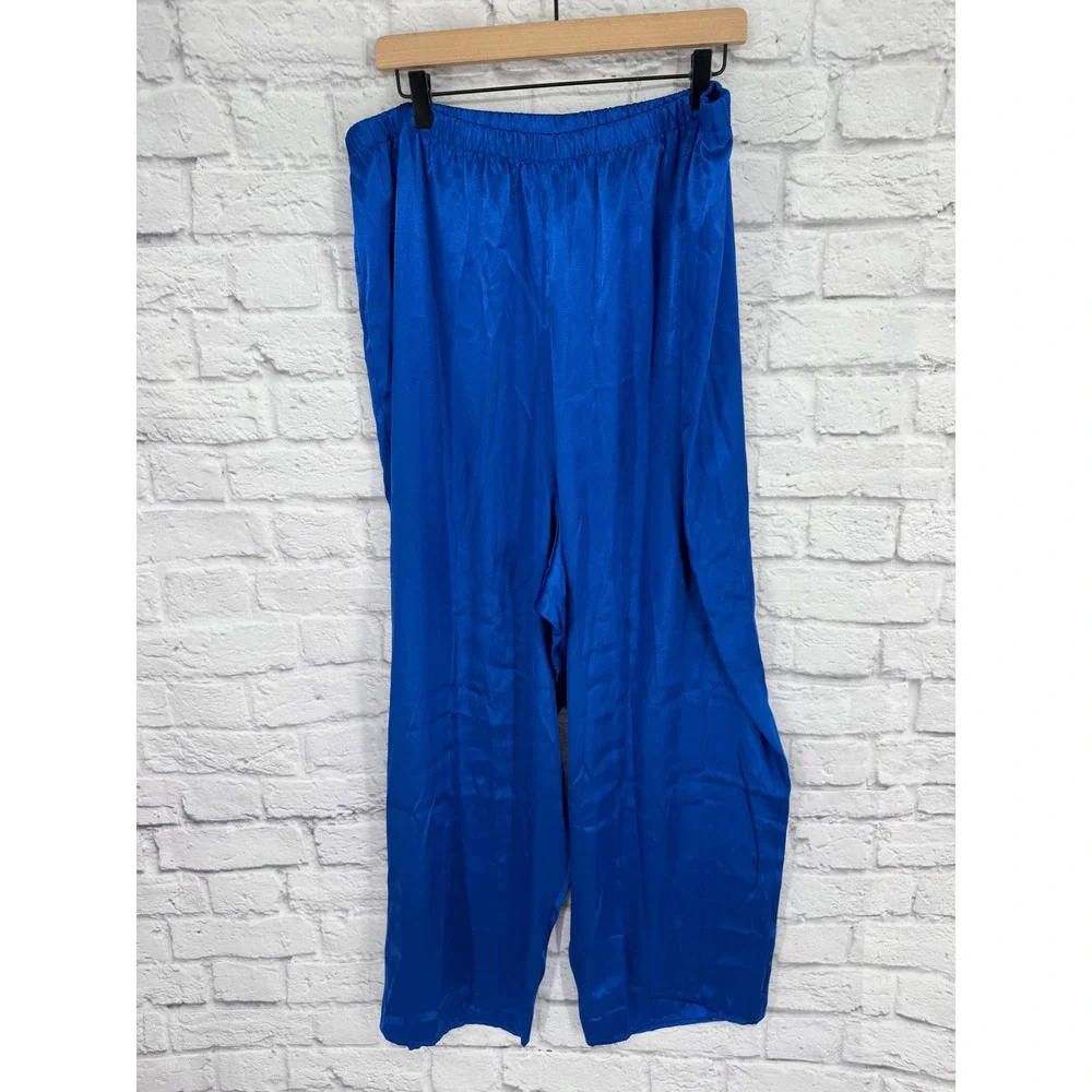 Frederick's of Hollywood 3X Cobalt Blue Satin Pajama Set Wide Leg Lounge Y2K
